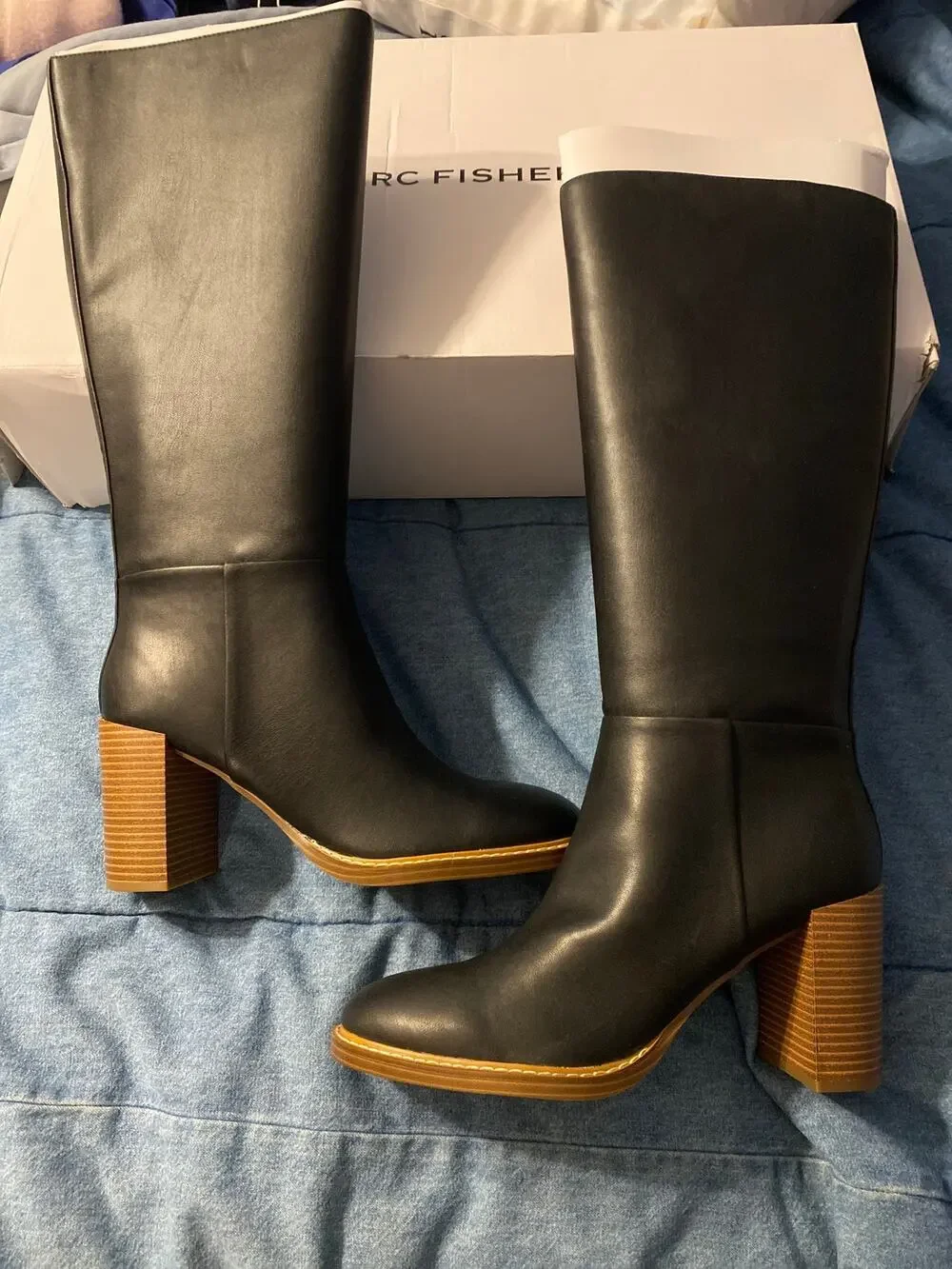 Marc Fisher Gabey Black Leather Knee High Boots Size 10M Block Heel Zip-Up New